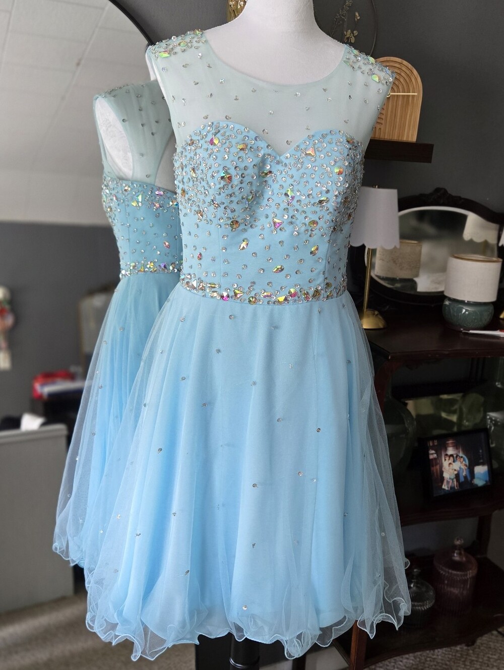 Light Blue Beaded Tulle Homecoming/Prom Dress